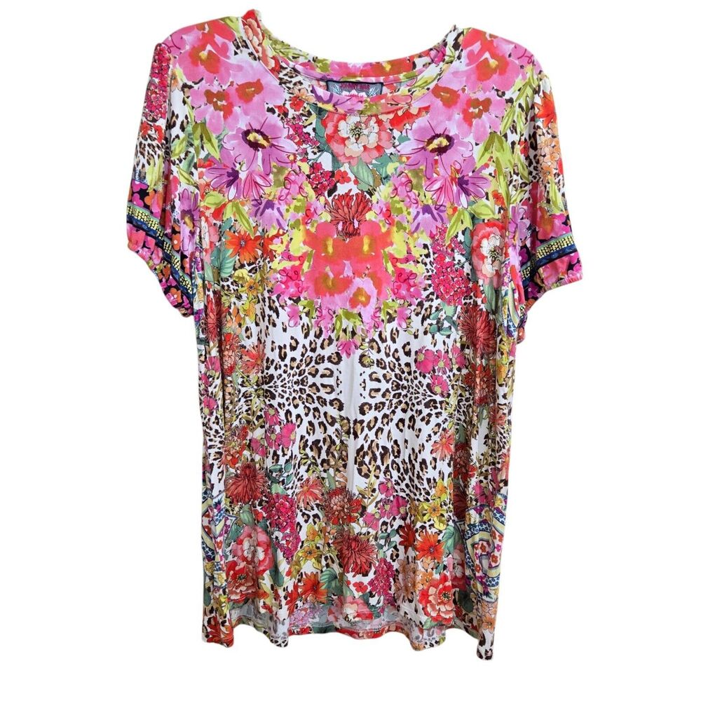 Johnny Was Wild Garden Puff Sleeve T shirt Size Large Swing Floral Animal Print